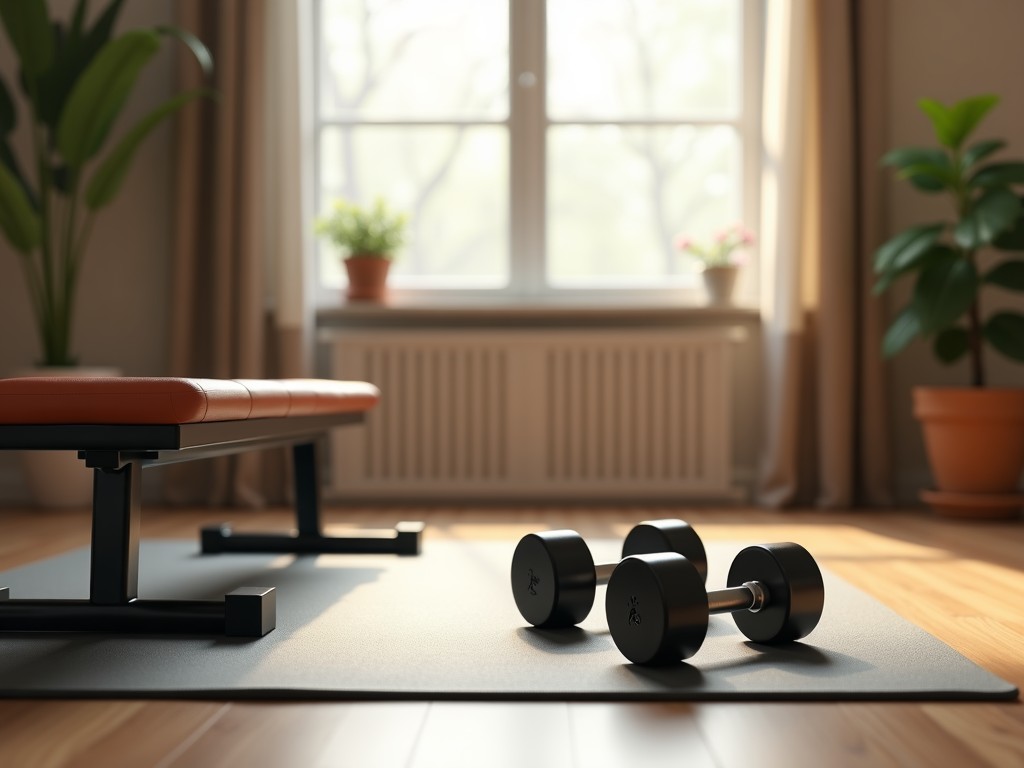 Stilvolles Home-Gym-Setup mit Kurzhanteln und Trainingsbank