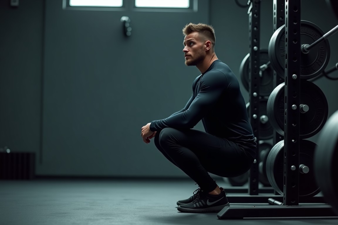 Erschöpfter Athlet in dunklem Trainingsoutfit neben geladenem Squat Rack im Gym